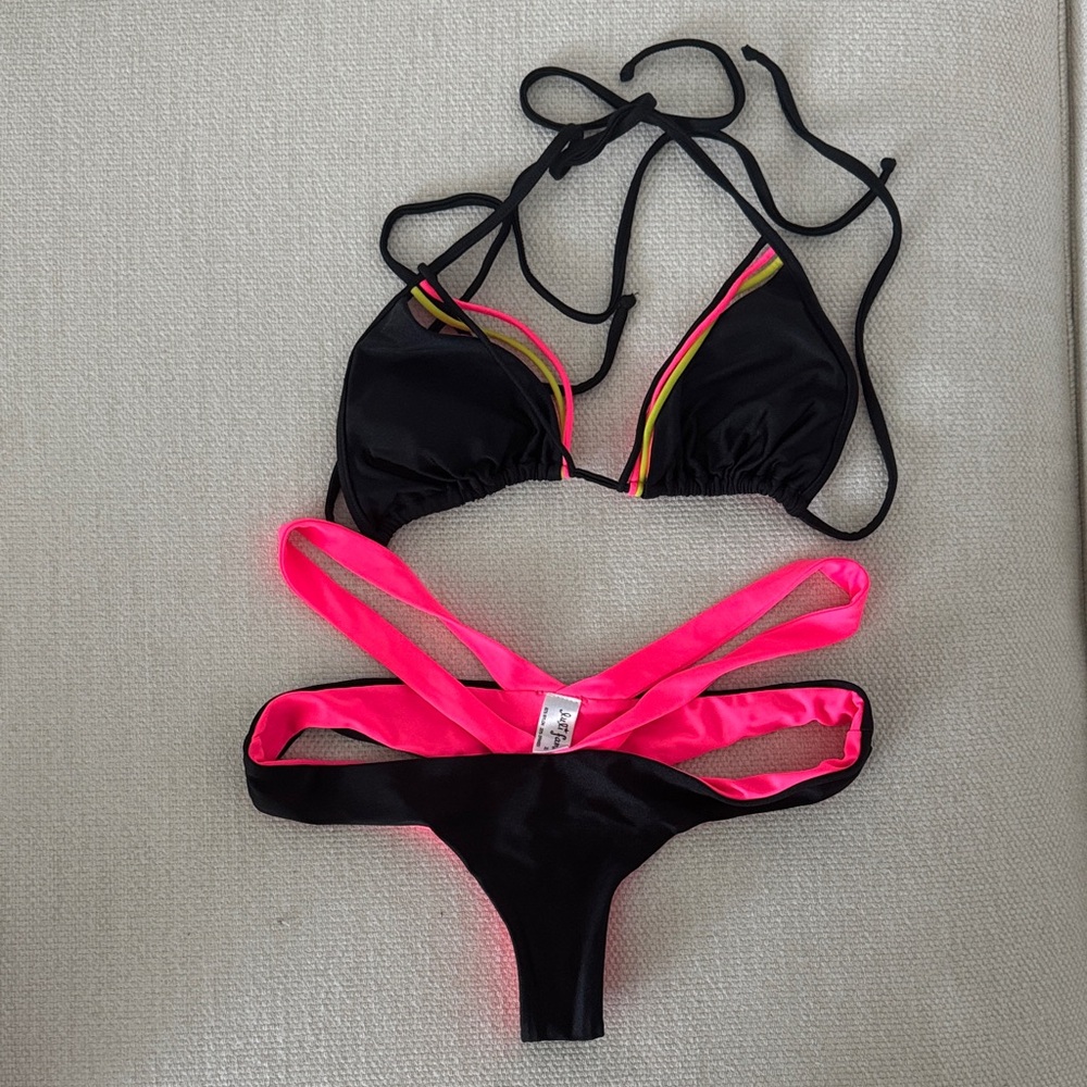 Luli Fama Black and Pink Strappy Bikini Set